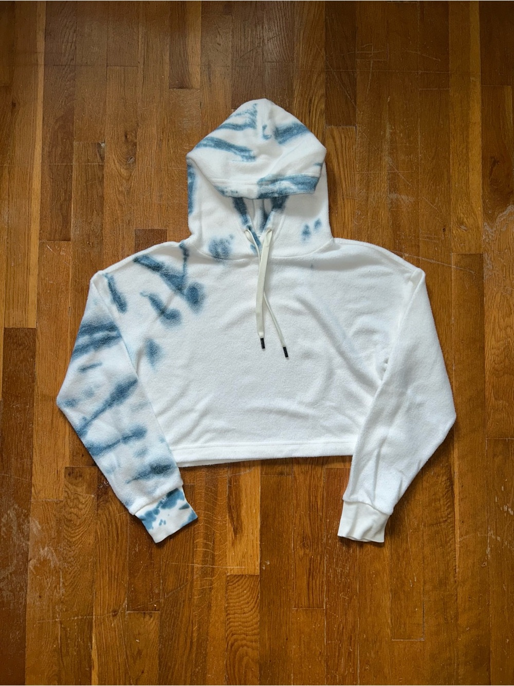 Cropped White & Blue Tie-Dye Hooded Women's Sweater